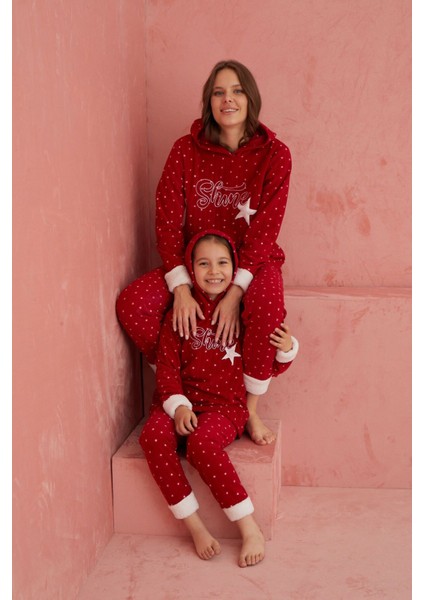 Yumoş Kırmızı Shine Yıldız Desenli Bisiklet Yaka Peluş Polar Pijama Takım Cool & Comfort Lastikli Ö