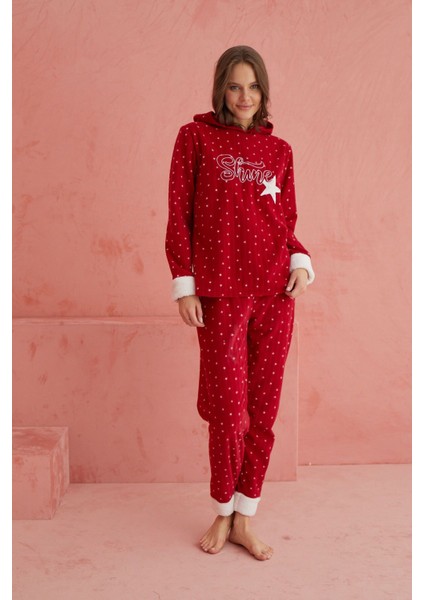 Yumoş Kırmızı Shine Yıldız Desenli Bisiklet Yaka Peluş Polar Pijama Takım Cool & Comfort Lastikli Ö fiyatları