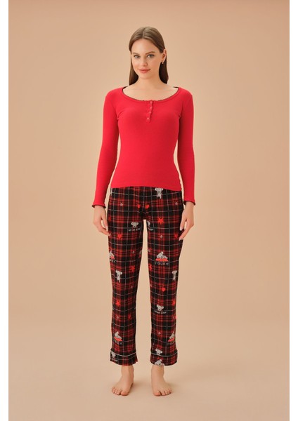 Polyester Koalina Pijama Takımı Viskon Süprem Uzun Düz Basic Kırmızı Regular Örme Homewear Normal B