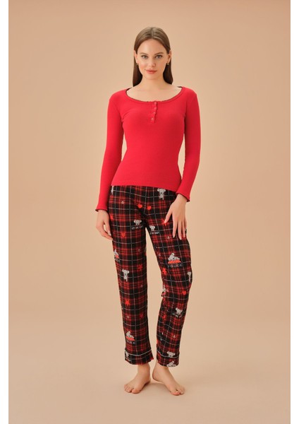 Polyester Koalina Pijama Takımı Viskon Süprem Uzun Düz Basic Kırmızı Regular Örme Homewear Normal B