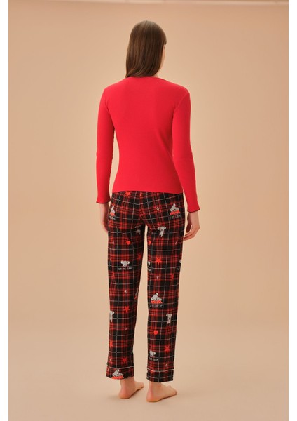 Polyester Koalina Pijama Takımı Viskon Süprem Uzun Düz Basic Kırmızı Regular Örme Homewear Normal B