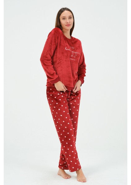 Kırmızı Kadın Süper Soft Pijama Takımı Polyester 100% Polyester Uzun Kol Düz Uzun Homewear Düz Basi
