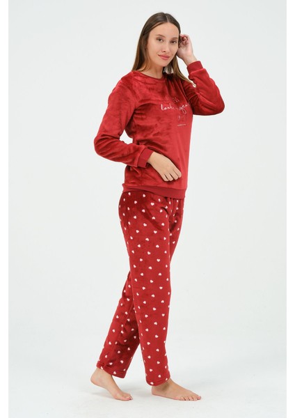 Kırmızı Kadın Süper Soft Pijama Takımı Polyester 100% Polyester Uzun Kol Düz Uzun Homewear Düz Basi