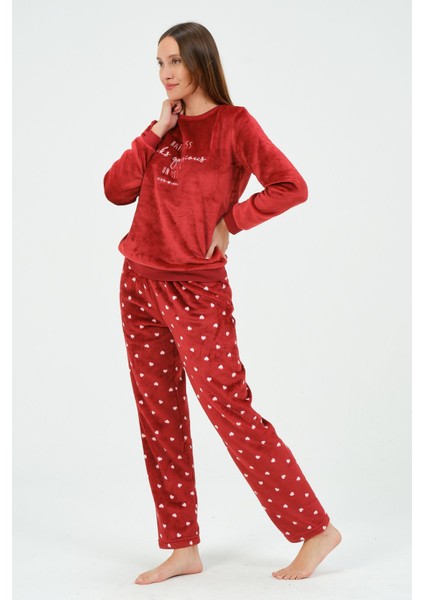 Kırmızı Kadın Süper Soft Pijama Takımı Polyester 100% Polyester Uzun Kol Düz Uzun Homewear Düz Basi
