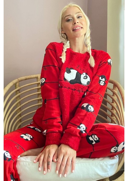 Normal Bel Kırmızı Zzz Wake Desenli Kadın Peluş Pijama Takımı Lastikli Baskılı Tüm Yaş Grupları