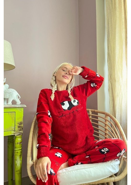 Normal Bel Kırmızı Zzz Wake Desenli Kadın Peluş Pijama Takımı Lastikli Baskılı Tüm Yaş Grupları fiyatları