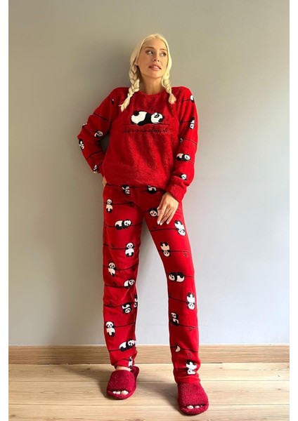Normal Bel Kırmızı Zzz Wake Desenli Kadın Peluş Pijama Takımı Lastikli Baskılı Tüm Yaş Grupları fırsatları