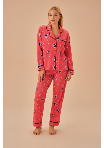 Regular Panda Maskülen Pijama Takımı 2'li Uzun Homewear Basic Standart 2 Parça Kırmızı Örme Düz Nor