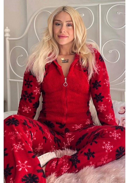 Lounge/home Kırmızı Kartanesi Desenli Kadın Polar Peluş Tulum Pijama Kapüşonlu Desenli Tüm Yaş Grup