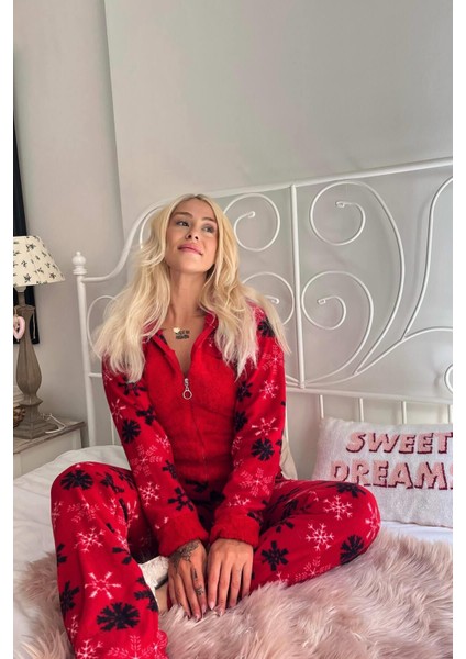 Lounge/home Kırmızı Kartanesi Desenli Kadın Polar Peluş Tulum Pijama Kapüşonlu Desenli Tüm Yaş Grup