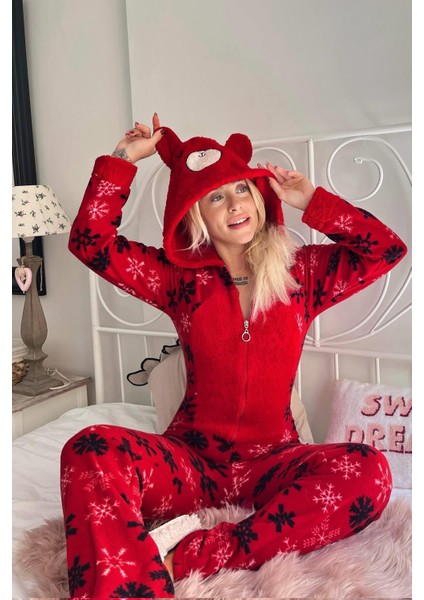 Lounge/home Kırmızı Kartanesi Desenli Kadın Polar Peluş Tulum Pijama Kapüşonlu Desenli Tüm Yaş Grup