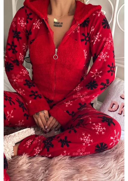 Lounge/home Kırmızı Kartanesi Desenli Kadın Polar Peluş Tulum Pijama Kapüşonlu Desenli Tüm Yaş Grup
