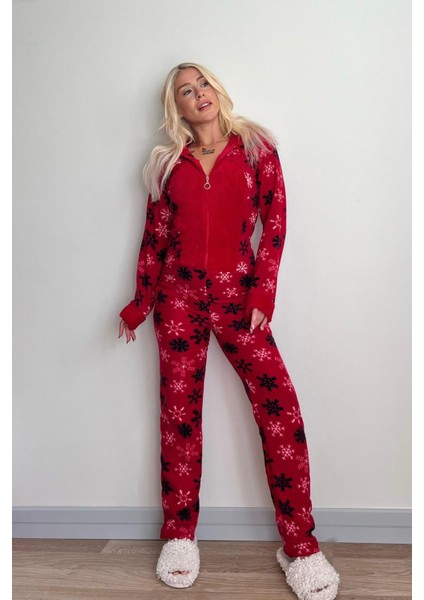 Lounge/home Kırmızı Kartanesi Desenli Kadın Polar Peluş Tulum Pijama Kapüşonlu Desenli Tüm Yaş Grup