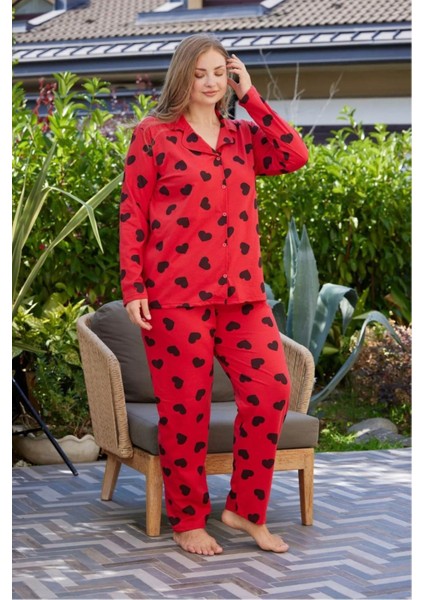 Hayır Büyük Beden Kadın Kırmızı Uzun Kollu Pamuklu Önden Düğmeli Pijama Takımı Süprem Homewear Nor fiyatları