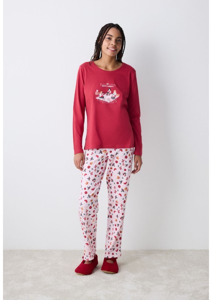 Homewear Happy&merry Kırmızı Pantolon Pijama Takımı Kırmızı Orijinal Boy Regular Dokuma Uzun T09