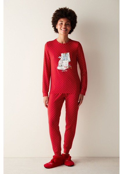 Type 1 Hidden Palace Termal Kırmızı Pijama Takımı 2 Parça Düz Düz Pamuklu Kırmızı Regular 95% Pamuk