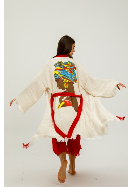 Müslin Kimono %100 Pamuklu Afrikalı Kadın Baskılı Desenli Bornoz Kaftan Sabahlık