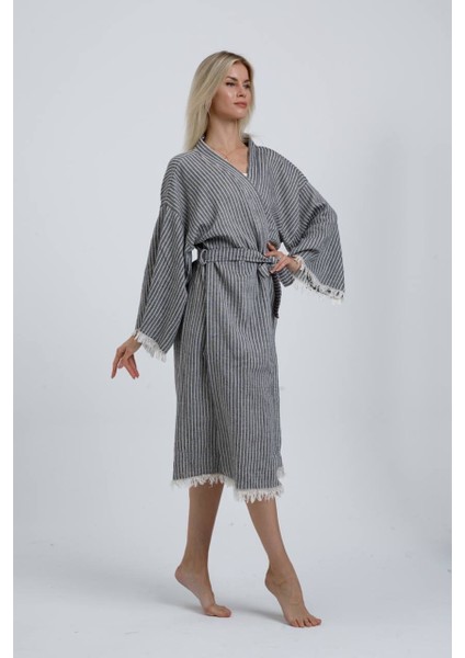 Müslin Kimono Pamuklu Çizgili Bornoz Kaftan Sabahlık