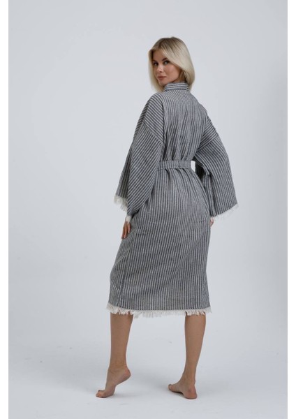 Müslin Kimono Pamuklu Çizgili Bornoz Kaftan Sabahlık