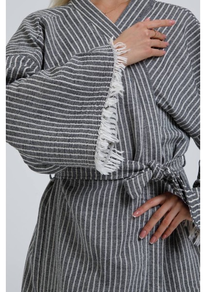 Müslin Kimono Pamuklu Çizgili Bornoz Kaftan Sabahlık
