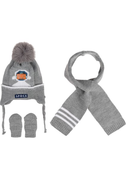 0-18 Aylık Erkek 3'lü Takım Atkı, Eldiven ve Şapka Set Içi Polarlı
