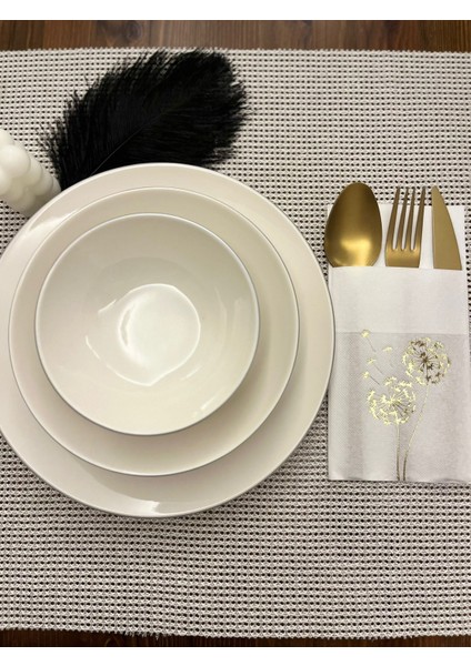 Gold Yaldızlı Beyaz Cepli Hindiba Çiçeği Peçete 12 Adet