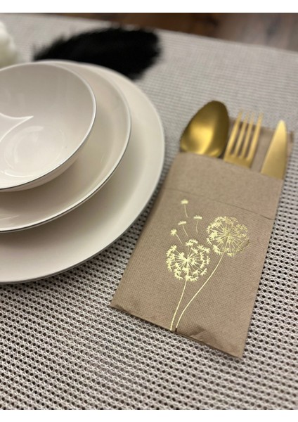 Gold Yaldızlı Kraft Cepli Hindiba Çiçeği Peçete 12 Adet
