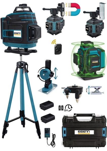 Germany Otomatik Hizalamalı 360 Derece Yeşil Lazer Çizgi Terazi 12 Köşe 2 Akülü Tripod Ayak Hediyel