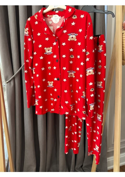 Babyaden Unisex Yeni Yıl Yılbaşı Noel Pijama Partisi Yıldız Teddy Ayıcıklı Kaşkorse Kız erkek Çocuk Pijama Takımı