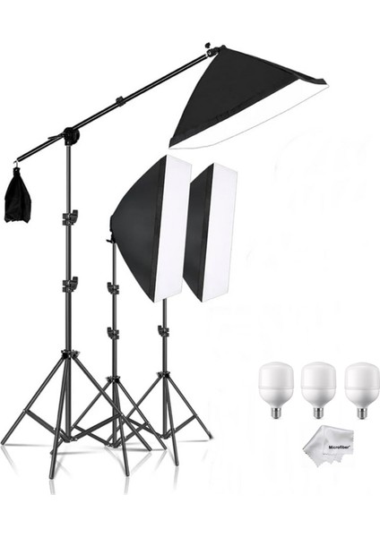 Youtube Vlog Tiktok Vb Canlı Yayın 3'lü Crossbarlı 50 x 70 cm Softbox 3 x 40W Ampüllü LED Sürekli Işık Seti
