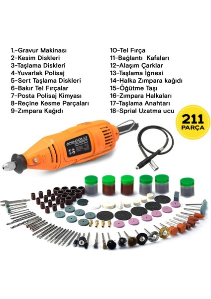 Anadolustrong 6 Kademe Devir Ayarlı 130 W Gravür Hobi Taşlama Seti Şarft Hediyeli Çantalı 211 Parça modelleri
