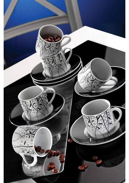 Porselen Rüya 7041 Desenli 12 Parça 6 Kişilik Kahve Fincan Takımı, 90 ml