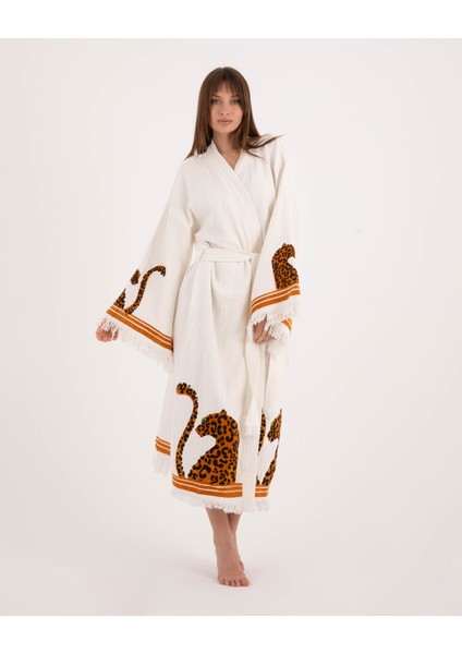Müslin Kimono Pamuklu Leopar Baskılı Bornoz Kaftan Sabahlık