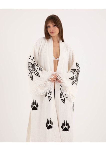 Müslin Kimono Pamuklu Leopar Baskılı Bornoz Kaftan Sabahlık