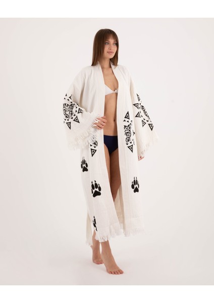 Müslin Kimono Pamuklu Leopar Baskılı Bornoz Kaftan Sabahlık