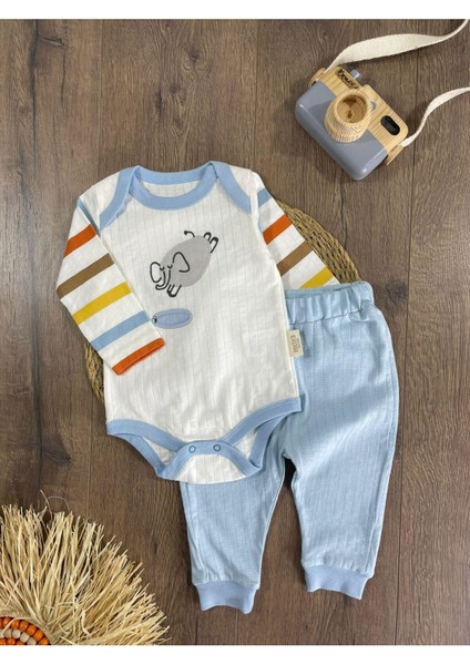 Fil Figürlü Şeritli Alttan Çıtçıtlı Badi Erkek Bebek Takım