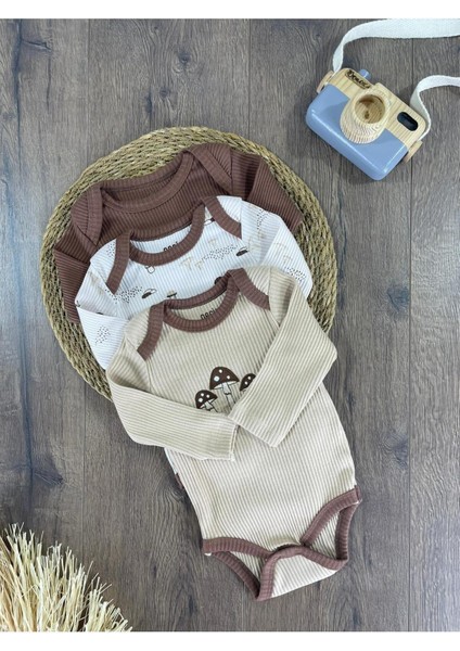 Mantar Desenli Yenidoğan Organik Pamuk Erkek Bebek 3lü Zıbın Çıtçıtlı Badi Set