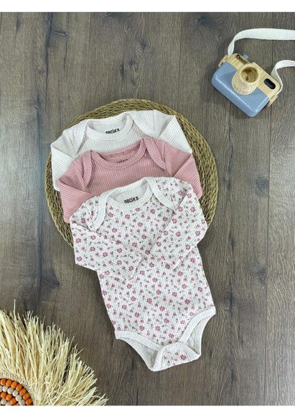 Çiçek Baskılı Yenidoğan Organik Pamuk Kız Bebek 3lü Zıbın Çıtçıtlı Badi S Et