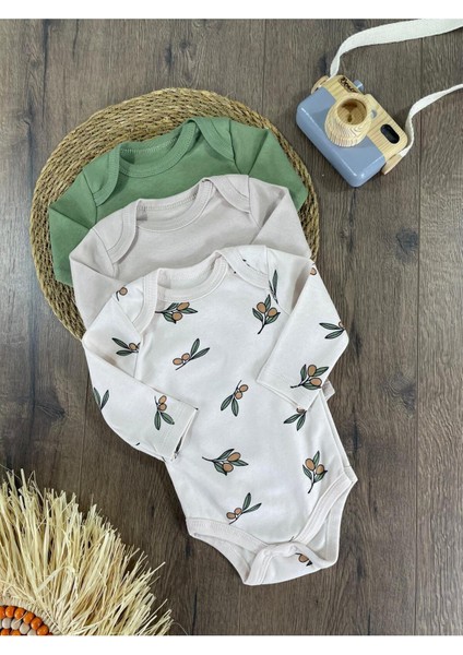 Zeytin Yaprağı Baskılı Yenidoğan Organik Pamuk Erkek Bebek 3lü Zıbın Çıtçıtlı Badi Set