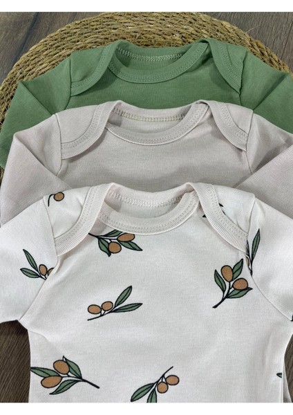 Zeytin Yaprağı Baskılı Yenidoğan Organik Pamuk Erkek Bebek 3lü Zıbın Çıtçıtlı Badi Set fiyatları