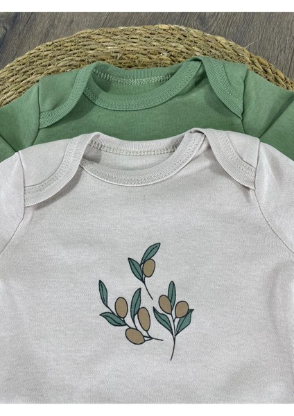 Zeytin Yaprağı Baskılı Yenidoğan Organik Pamuk Erkek Bebek 3lü Zıbın Çıtçıtlı Badi Set modelleri