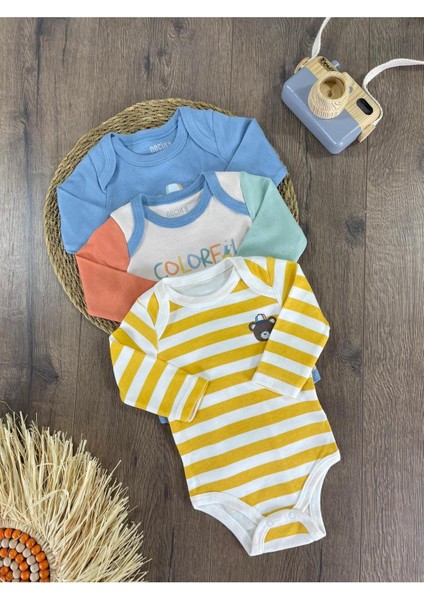 Ayıcık Baskılı Yenidoğan Organik Pamuk Erkek Bebek 3lü Zıbın Çıtçıtlı Badi Set