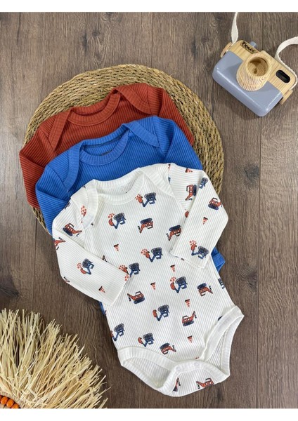 Exscavator Baskılı Yenidoğan Organik Pamuk Erkek Bebek 3lü Zıbın Çıtçıtlı Badi Set