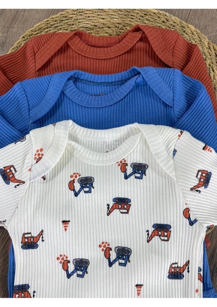 Exscavator Baskılı Yenidoğan Organik Pamuk Erkek Bebek 3lü Zıbın Çıtçıtlı Badi Set fiyatları