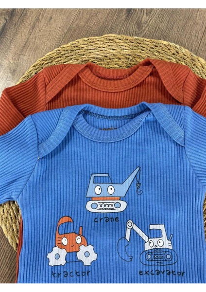 Exscavator Baskılı Yenidoğan Organik Pamuk Erkek Bebek 3lü Zıbın Çıtçıtlı Badi Set modelleri