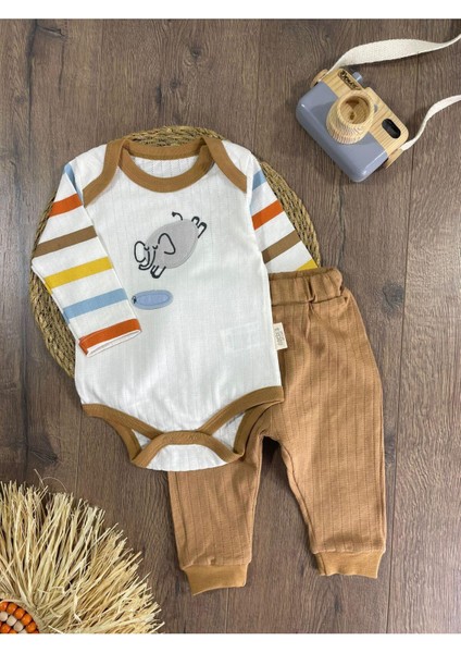 Fil Figürlü Şeritli Alttan Çıtçıtlı Badi Erkek Bebek Takım