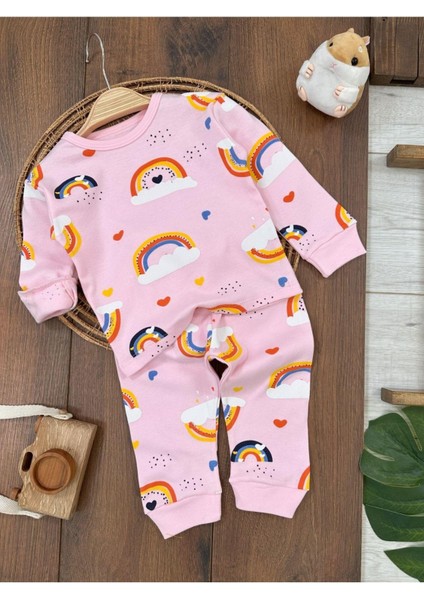 Kız Bebek Pijama Takımı Gökkuşağı Kalp Desenli %100 Pamuk Mevsimlik Bebek-Çocuk Pijama Takımı