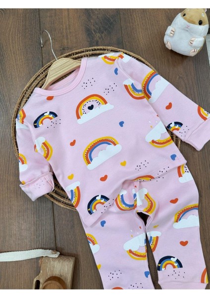 Kız Bebek Pijama Takımı Gökkuşağı Kalp Desenli %100 Pamuk Mevsimlik Bebek-Çocuk Pijama Takımı modelleri