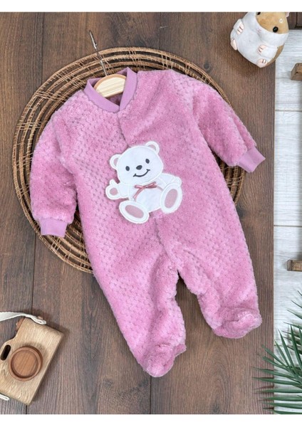 Peluş Ayıcık Nakışlı Patikli Çıtçıtlı Kışlık Erkek Bebek Tulum