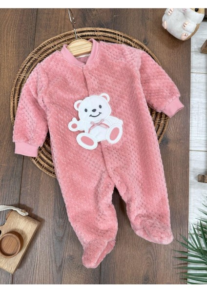 Peluş Ayıcık Nakışlı Patikli Çıtçıtlı Kışlık Erkek Bebek Tulum